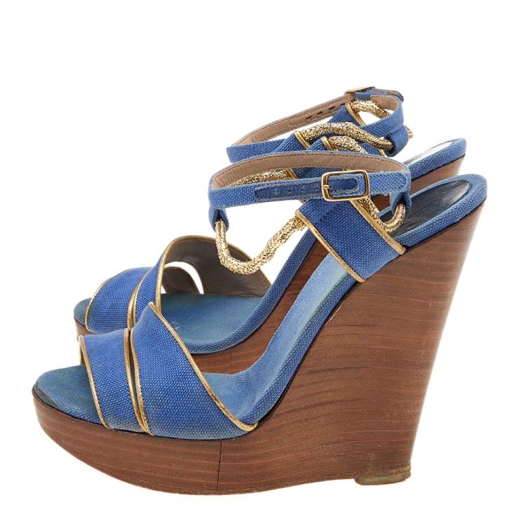 Pre Owned Chloe Blue/Gold Canvas And Leather Trim Wedge Platform Sandals Size 36