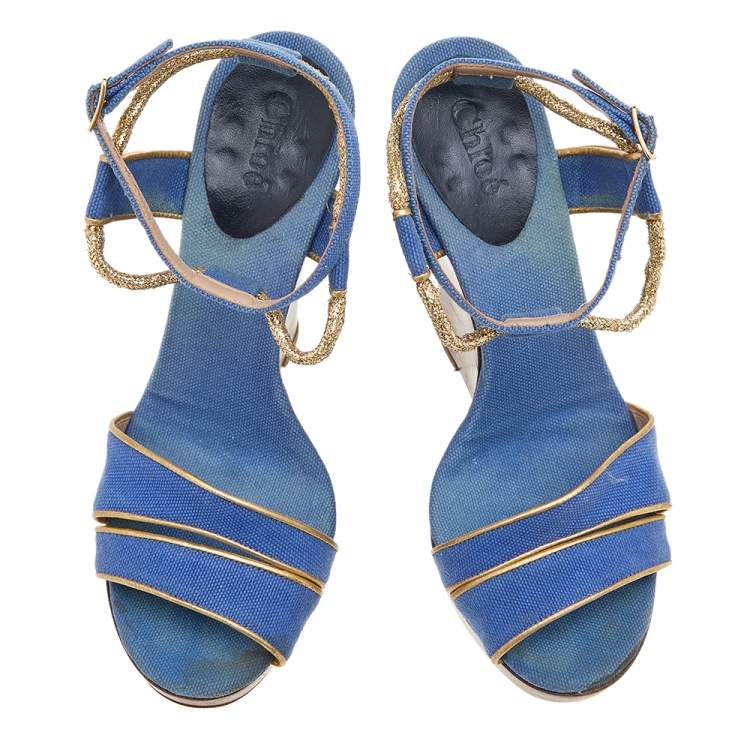 Pre Owned Chloe Blue/Gold Canvas And Leather Trim Wedge Platform Sandals Size 36
