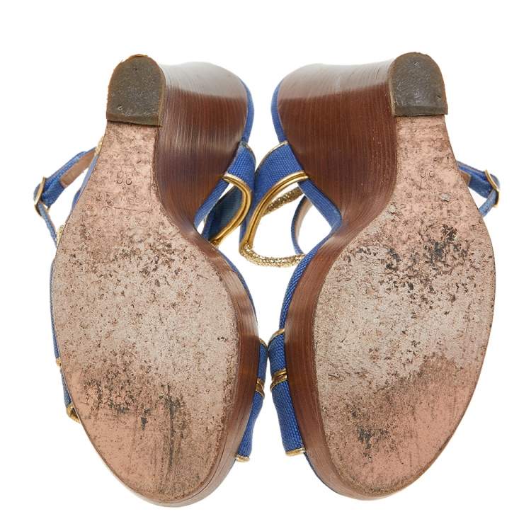 Pre Owned Chloe Blue/Gold Canvas And Leather Trim Wedge Platform Sandals Size 36
