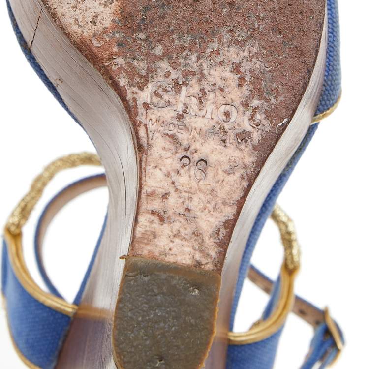 Pre Owned Chloe Blue/Gold Canvas And Leather Trim Wedge Platform Sandals Size 36