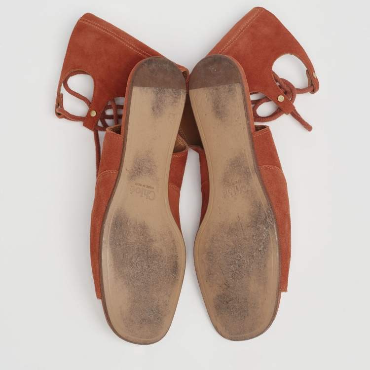Pre Owned Chloe Rust Suede Gladiator Flat Sandals Size 38