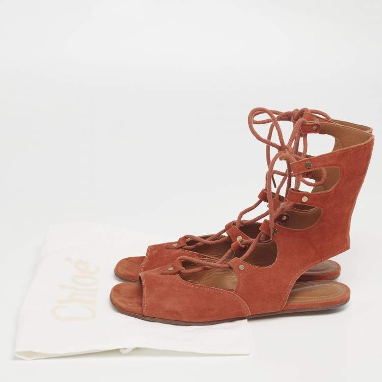 Pre Owned Chloe Rust Suede Gladiator Flat Sandals Size 38