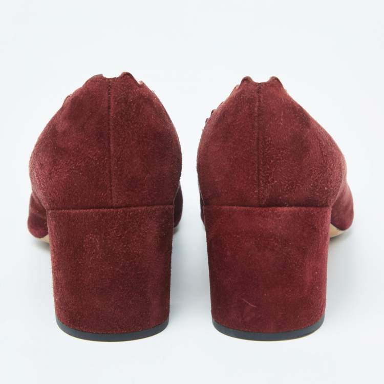 Pre Owned Chloe Burgundy Suede Lauren Scallop Trim Block Heel Pumps Size 40
