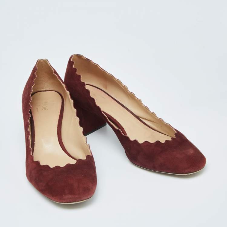 Pre Owned Chloe Burgundy Suede Lauren Scallop Trim Block Heel Pumps Size 40