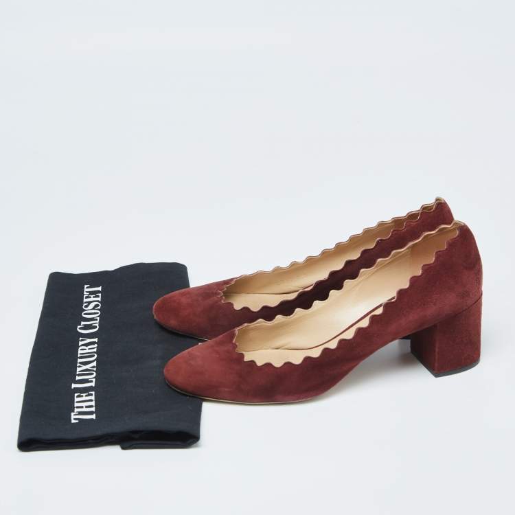 Pre Owned Chloe Burgundy Suede Lauren Scallop Trim Block Heel Pumps Size 40