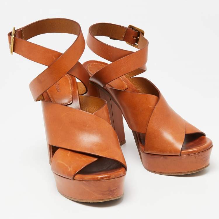 Pre Owned Chloe Brown Leather Platform Ankle-Wrap Sandals Size 39