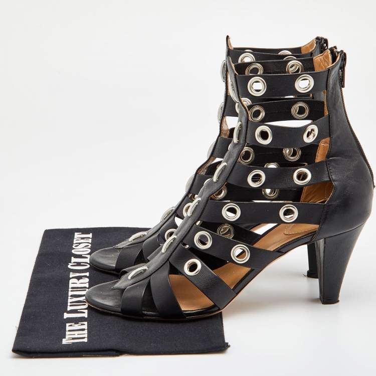 Pre Owned Chloe Black Leather Grommet Cage Sandals Size 38.5