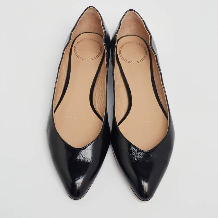 Pre Owned Chloé Black Scalloped Patent Leather Lauren Ballet Flats Size 36.5