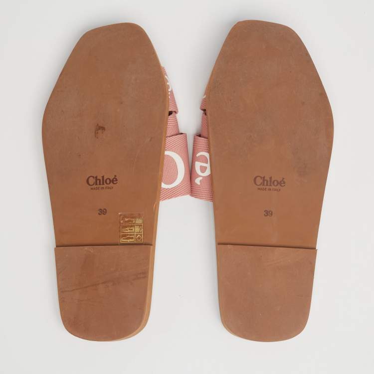 مملو�كة مسبقًا Chloe Pink Canvas Logo Ribbon Woody Flat Slide Sandals Size 39