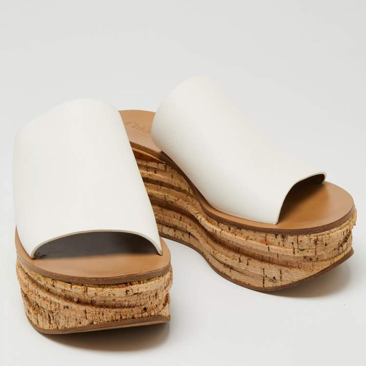 مملوكة مسبقًا Chloe White Leather Cork Wedge  Sandals Size 39.5