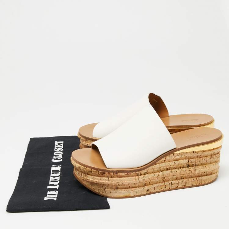 مملوكة مسبقًا Chloe White Leather Cork Wedge  Sandals Size 39.5