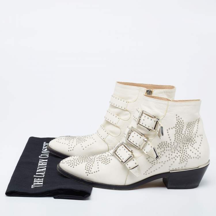 Pre Owned Chloe Cream Studded Leather Ankle  Boots Size 37