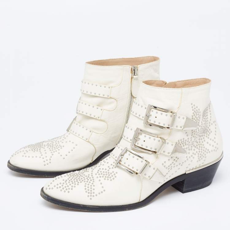 Pre Owned Chloe Cream Studded Leather Ankle  Boots Size 37