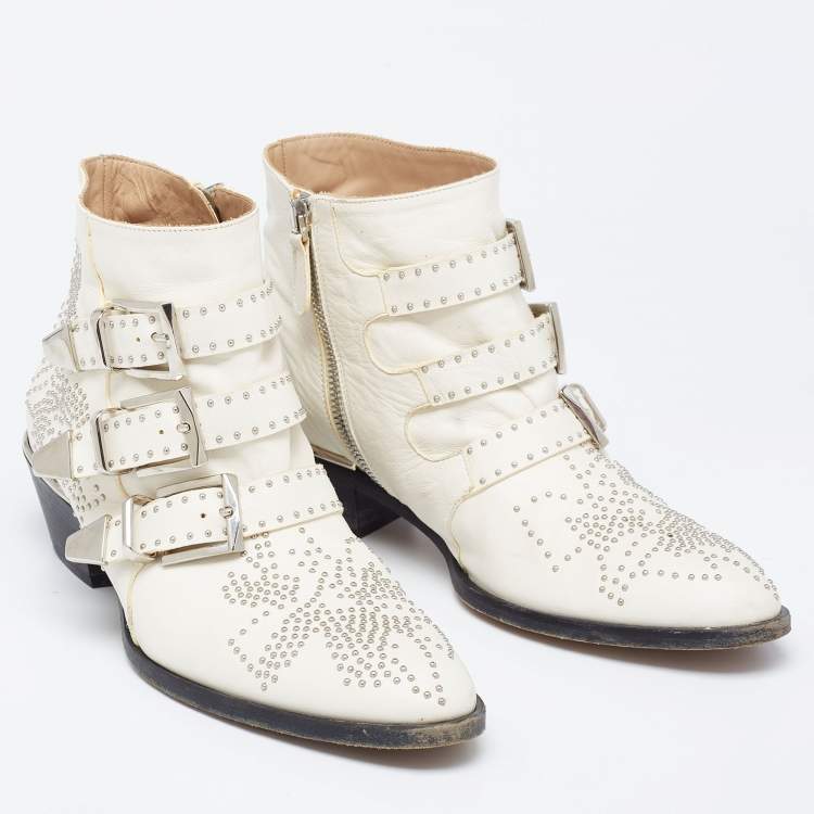 Pre Owned Chloe Cream Studded Leather Ankle  Boots Size 37