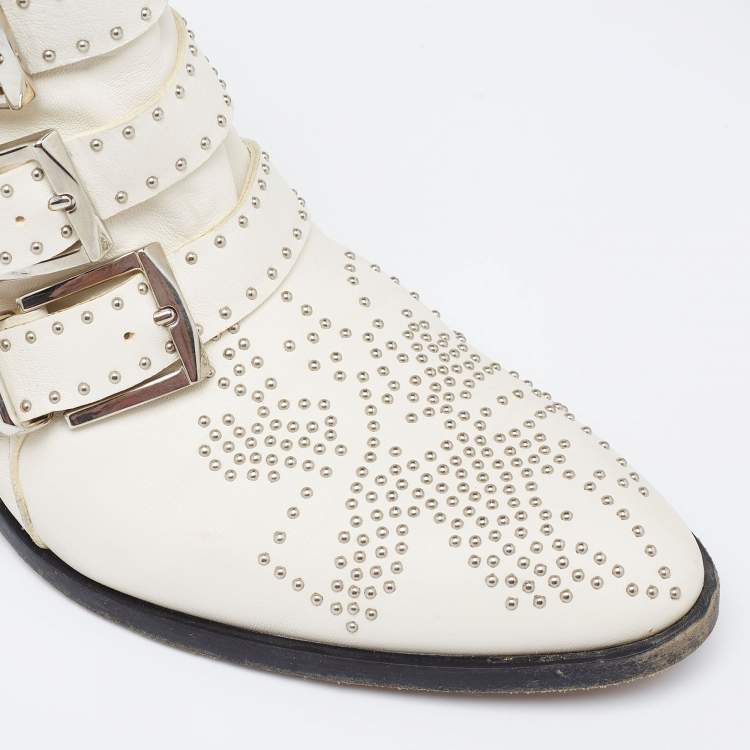 Pre Owned Chloe Cream Studded Leather Ankle  Boots Size 37