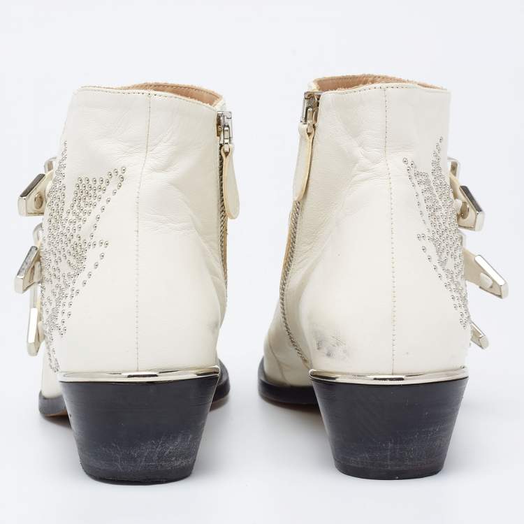 Pre Owned Chloe Cream Studded Leather Ankle  Boots Size 37