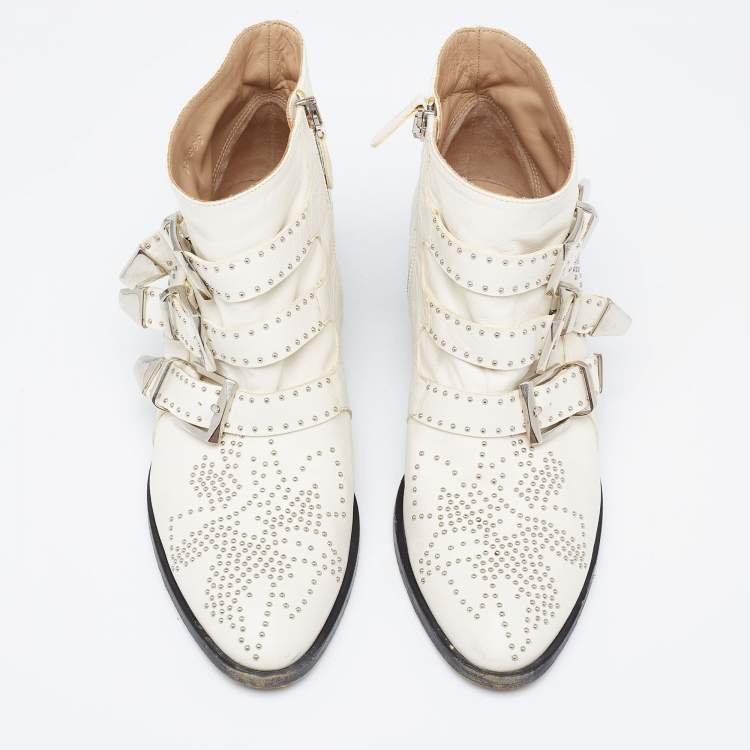 Pre Owned Chloe Cream Studded Leather Ankle  Boots Size 37