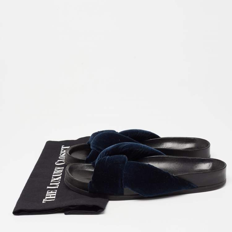 Pre Owned Chloe Blue Velvet Knotted Slip On Flat Slides Size 38