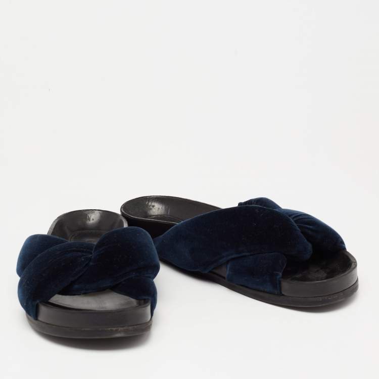 Pre Owned Chloe Blue Velvet Knotted Slip On Flat Slides Size 38