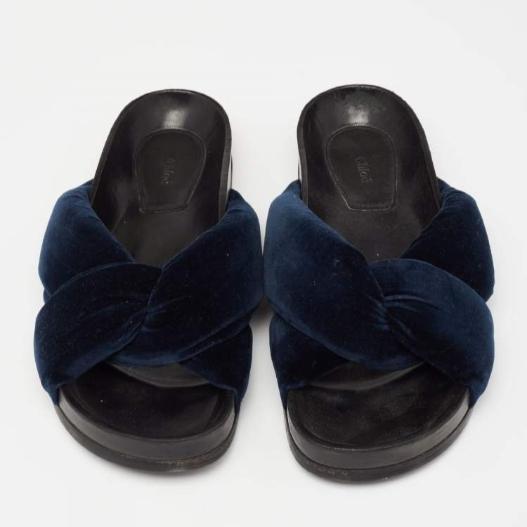 Pre Owned Chloe Blue Velvet Knotted Slip On Flat Slides Size 38