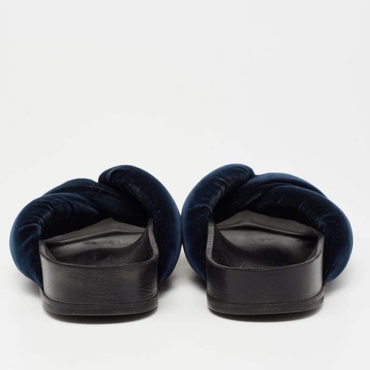 Pre Owned Chloe Blue Velvet Knotted Slip On Flat Slides Size 38
