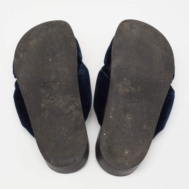 Pre Owned Chloe Blue Velvet Knotted Slip On Flat Slides Size 38