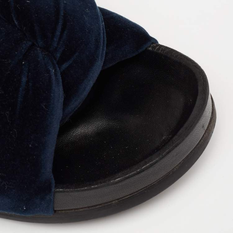 Pre Owned Chloe Blue Velvet Knotted Slip On Flat Slides Size 38