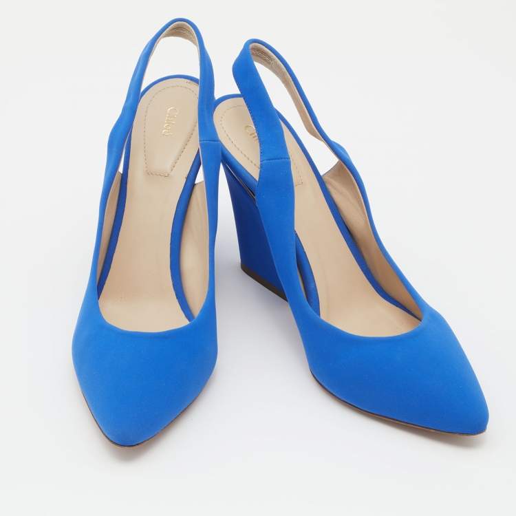 Pre Owned Chloé Bright Blue Fabric Slingback Block Heel Sandals Size 39.5