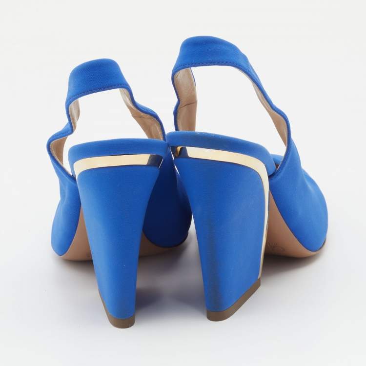 Pre Owned Chloé Bright Blue Fabric Slingback Block Heel Sandals Size 39.5