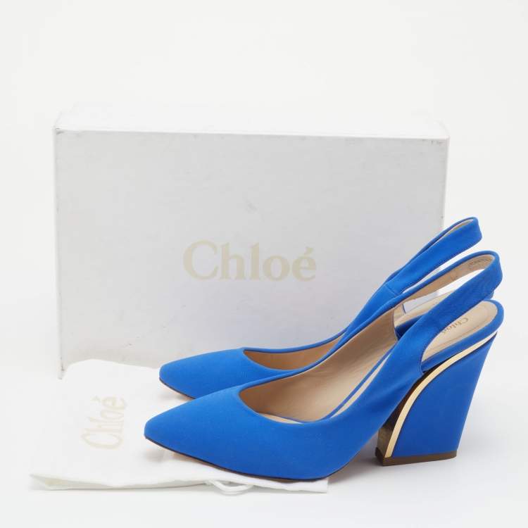 Pre Owned Chloé Bright Blue Fabric Slingback Block Heel Sandals Size 39.5