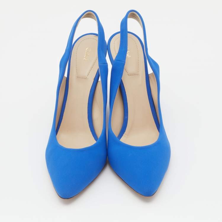 Pre Owned Chloé Bright Blue Fabric Slingback Block Heel Sandals Size 39.5