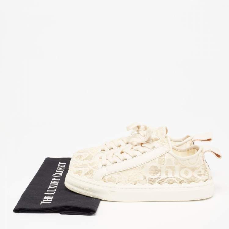 Pre Owned Chloe Cream Lace And Leather Lauren Lace Up Sneakers Size 39