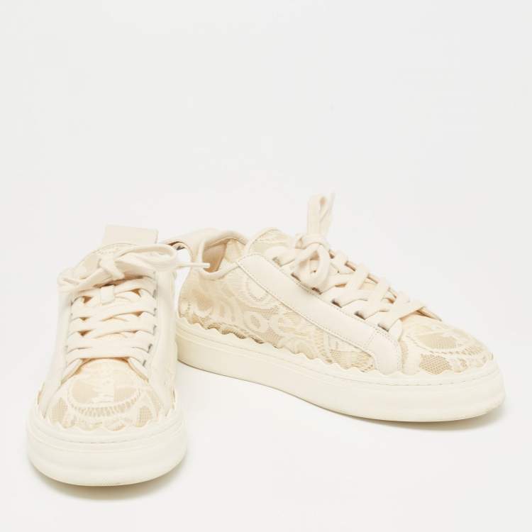 Pre Owned Chloe Cream Lace And Leather Lauren Lace Up Sneakers Size 39