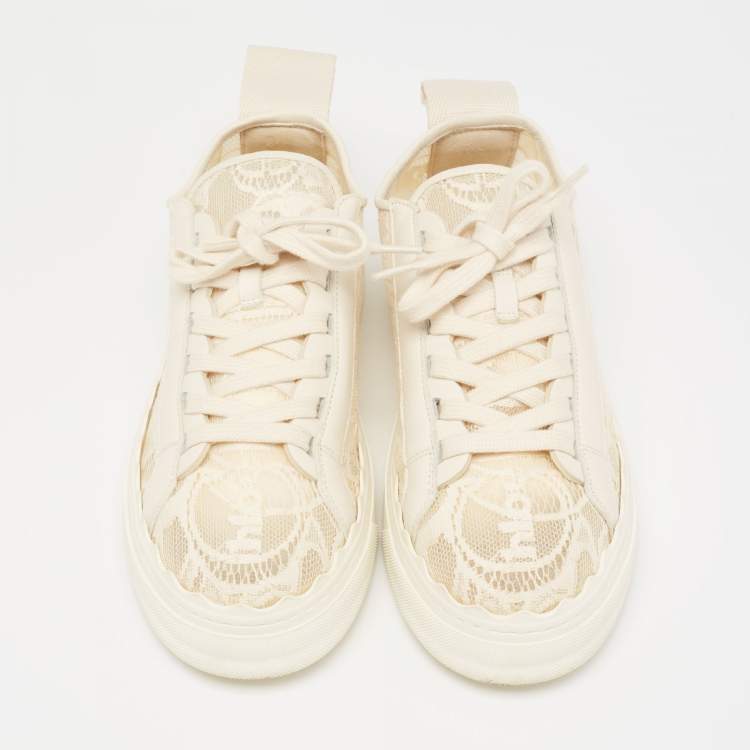 Pre Owned Chloe Cream Lace And Leather Lauren Lace Up Sneakers Size 39
