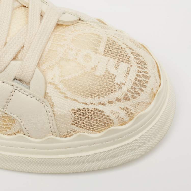 Pre Owned Chloe Cream Lace And Leather Lauren Lace Up Sneakers Size 39