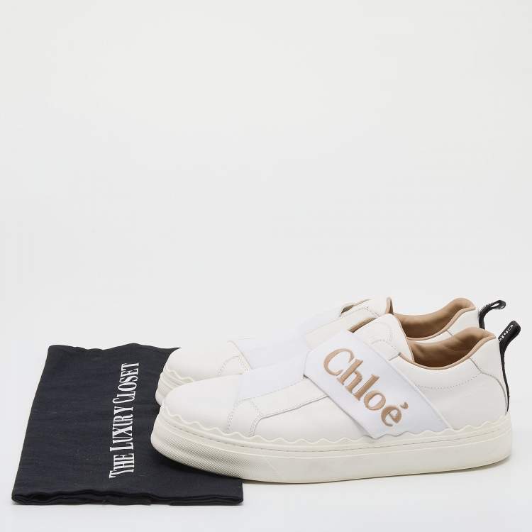 Pre Owned Chloé White Leather Lauren Logo Embroidered Slip On Sneakers Size 39