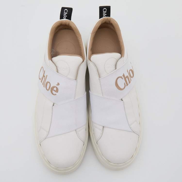 Pre Owned Chloé White Leather Lauren Logo Embroidered Slip On Sneakers Size 39