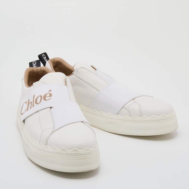 Pre Owned Chloé White Leather Lauren Logo Embroidered Slip On Sneakers Size 39