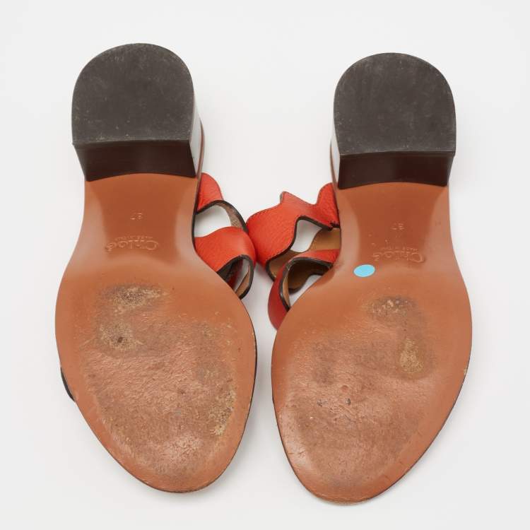 Pre Owned Chloe Sunset Orange Leather and Suede Scalloped Slip On Sandals Size 37 