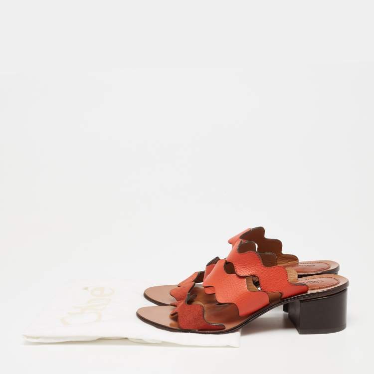 Pre Owned Chloe Sunset Orange Leather and Suede Scalloped Slip On Sandals Size 37 