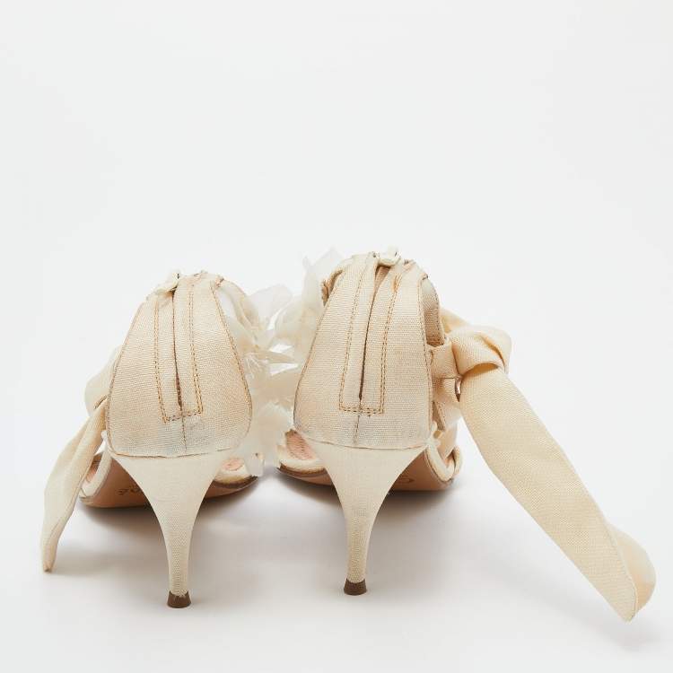 Pre Owned Chloe Beige Fabric Floral Knotted Ankle Cuff Open Toe Sandals Size 39.5