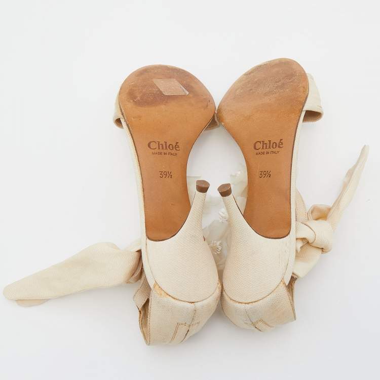 Pre Owned Chloe Beige Fabric Floral Knotted Ankle Cuff Open Toe Sandals Size 39.5