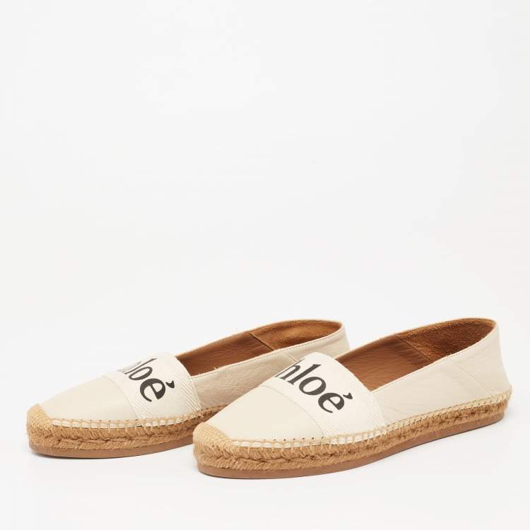 Pre Owned Chloe Off White Leather Embroidered Espadrilles Flats Size 41