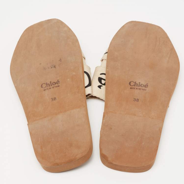 Pre Owned Chloe Off White Canvas Logo Ribbon Woody Flat Sandals Size 38