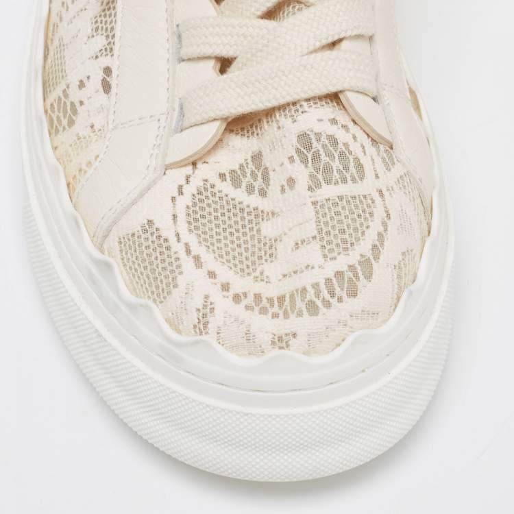 Pre Owned Chloe Cream Lace And Leather Lauren Lace Up Sneakers Size 37