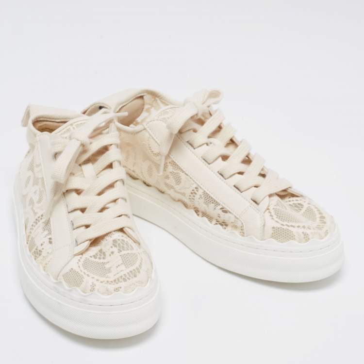 Pre Owned Chloe Cream Lace And Leather Lauren Lace Up Sneakers Size 37