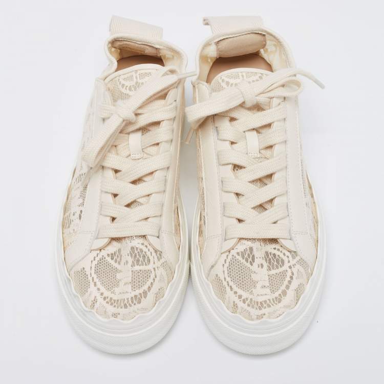 Pre Owned Chloe Cream Lace And Leather Lauren Lace Up Sneakers Size 37