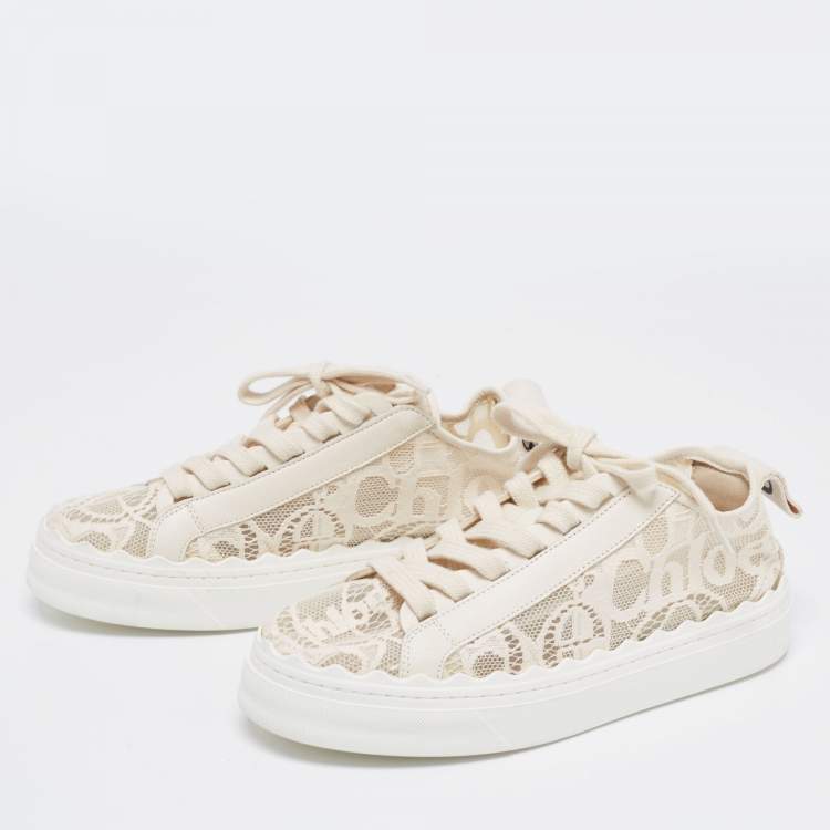 Pre Owned Chloe Cream Lace And Leather Lauren Lace Up Sneakers Size 37
