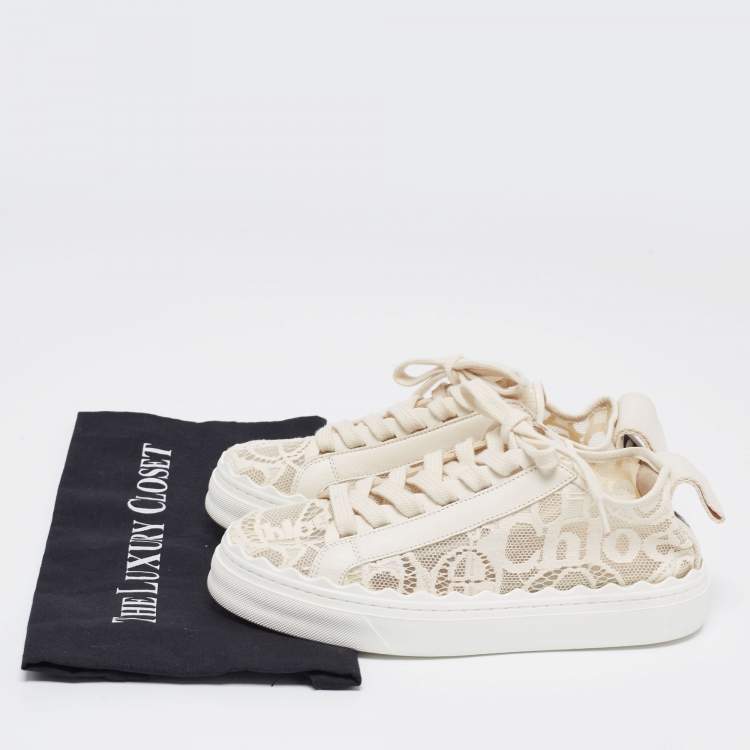 Pre Owned Chloe Cream Lace And Leather Lauren Lace Up Sneakers Size 37