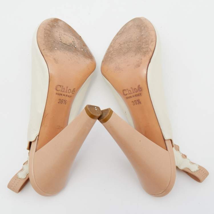 Pre Owned Chloe Cream Leather Slingback Peep Toe Sandals Size 36.5